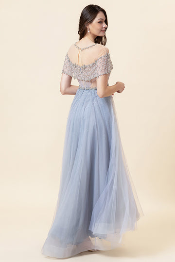 Sparkly Grey Beaded Long Tulle Evening Dress
